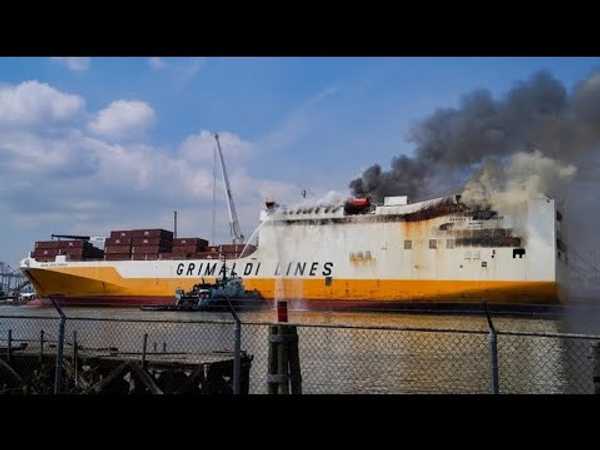 Cargo ship fire in Newark expected to continue burning for days; 2 firefighters who died sent maydays from within vessel